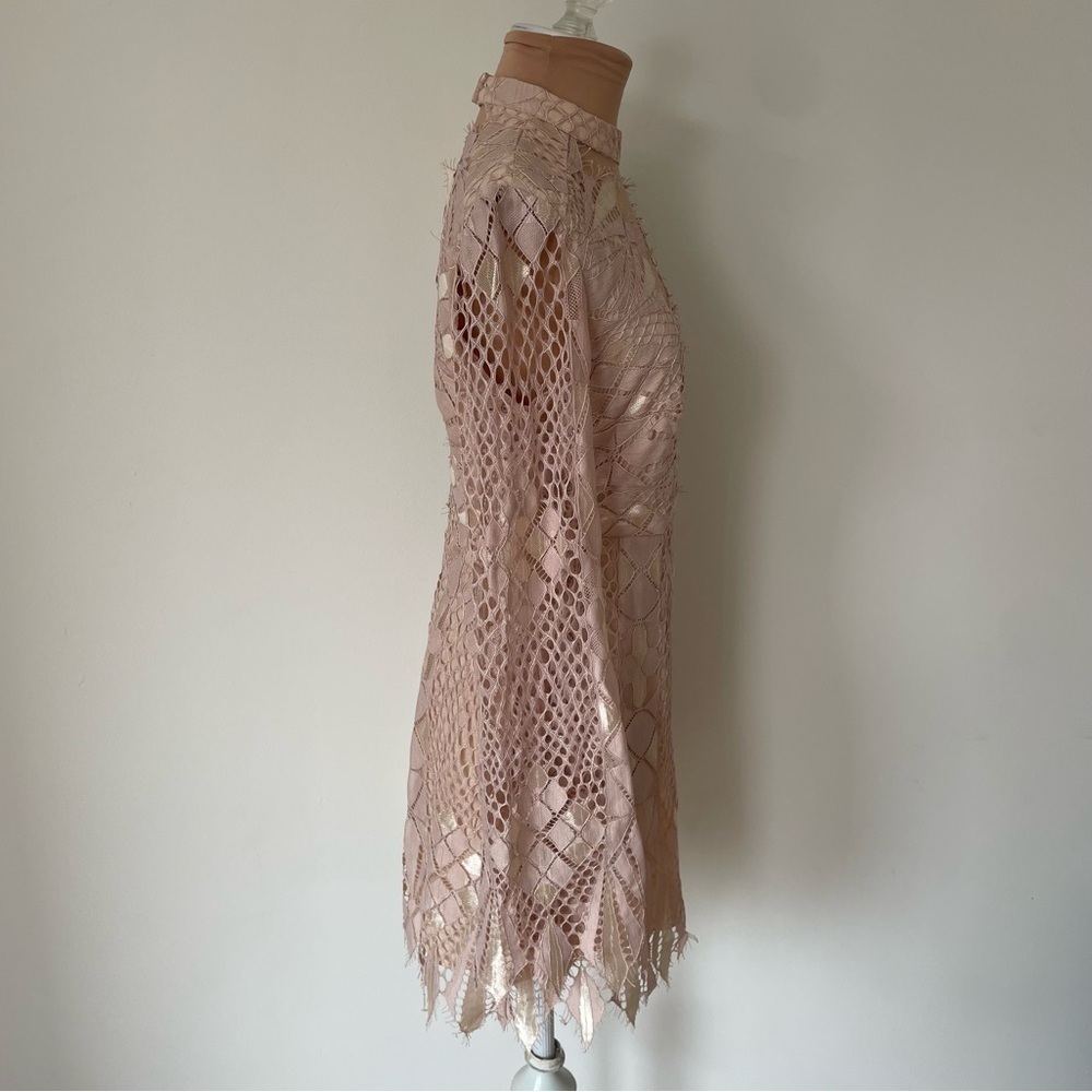 Free People Deco Lace Ivoy Combo Long Bell Sleeve Mesh Inserts Mini Dress NWT 4 - Picture 8 of 11